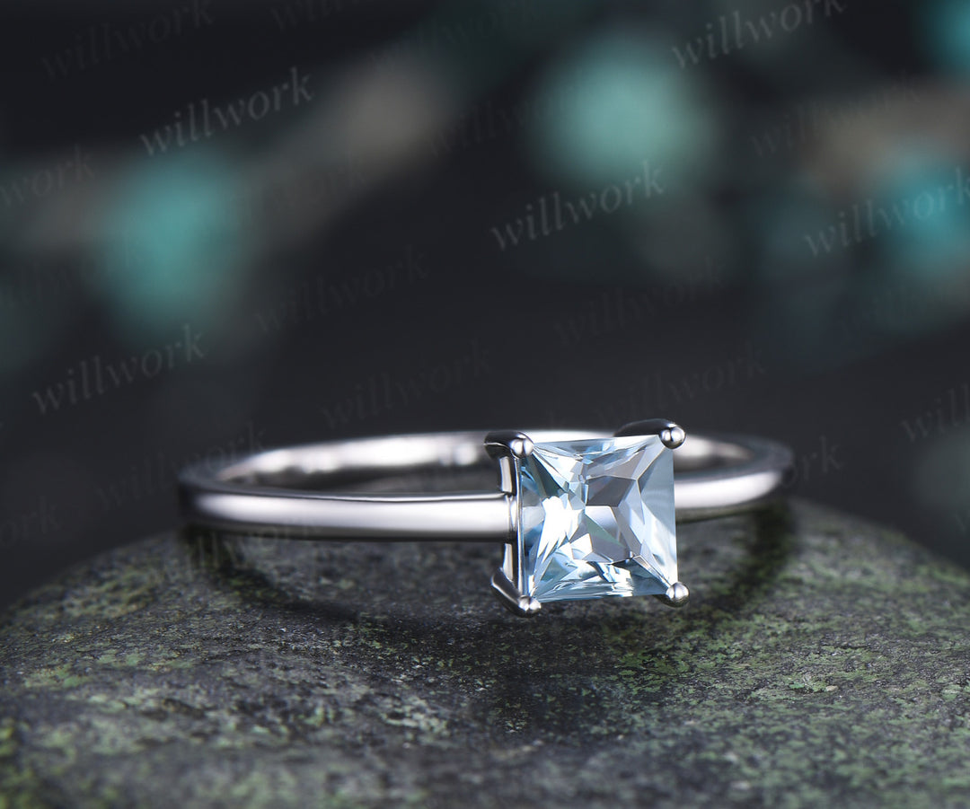 Princess Cut Aquamarine Engagement Ring Dainty Solitaire Ring March Birthstone Jewelry Gift