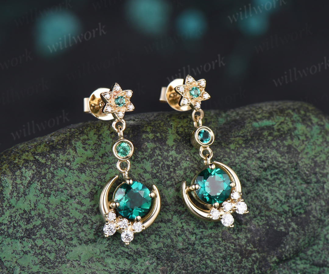 Round Cut Emerald Moon Drop Earrings Hexagram Moissanite Cluster Earrings Unique May Birthstone Jewelry Gifts