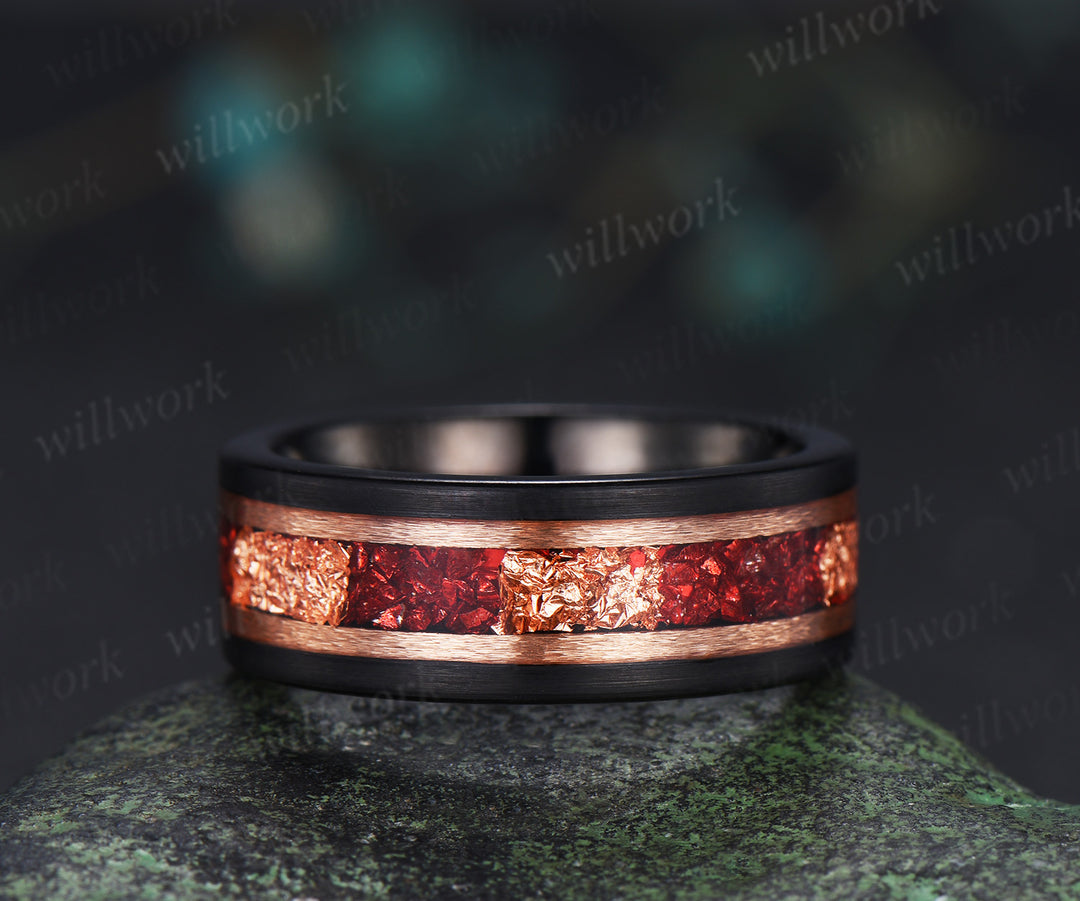 Dainty 5mm Round Garnet Leaf Floral Ring Set & Tungsten Garnets Gold Flakes Men Band Unique Couple Ring Set