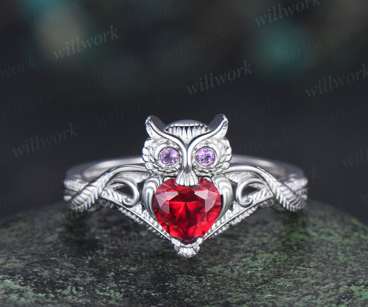 Unique owl engagement ring round ruby wedding ring amethyst accents twig vine cute owl ring for women
