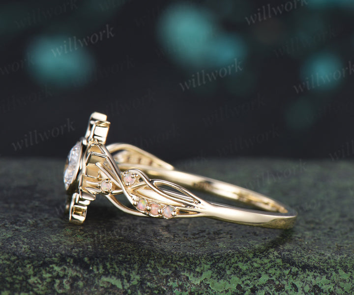 Round cut IGI lab grown diamond engagement ring sun filigree opal promise ring unique bezel wedding ring