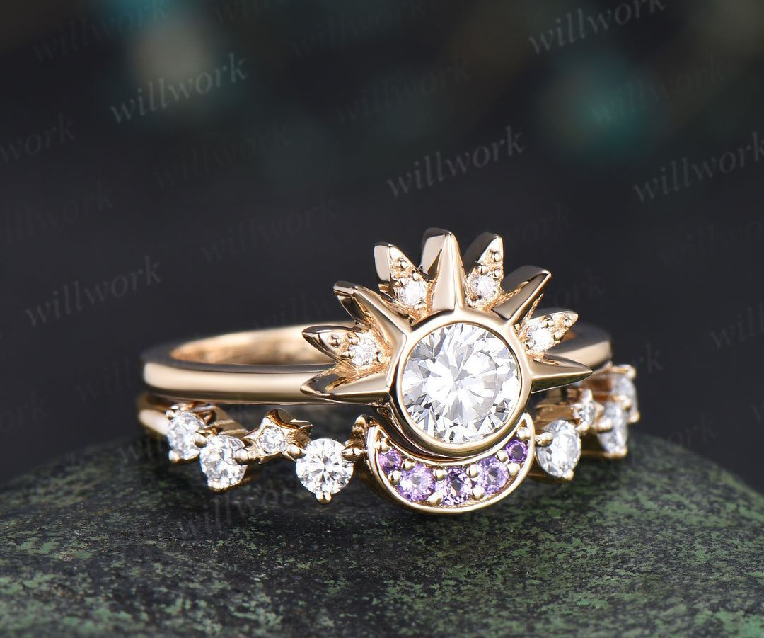 Round Lab Grown Diamond Sun Amethyst Moon Ring Set Celestial Cluster Diamond Star Wedding Band Bridal Set