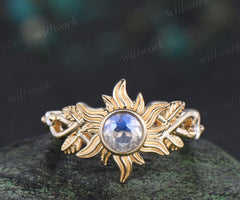 Labradorite sun ring natural round blue labradorite corona moissanite ring leaf infinity ring unique celestial jewelry gift