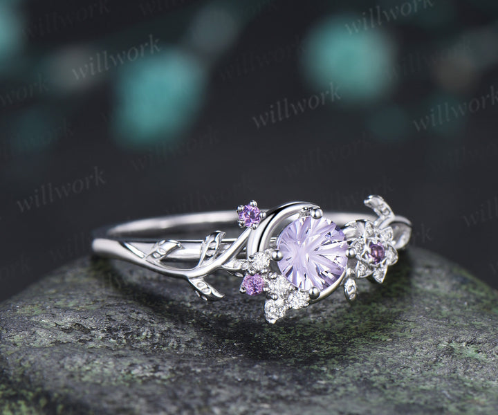 Round Fireworks Cut Lavender Amethyst Engagement Ring Moon Leaf Vine Floral Promise Ring Unique Diamond Cluster Ring Gift