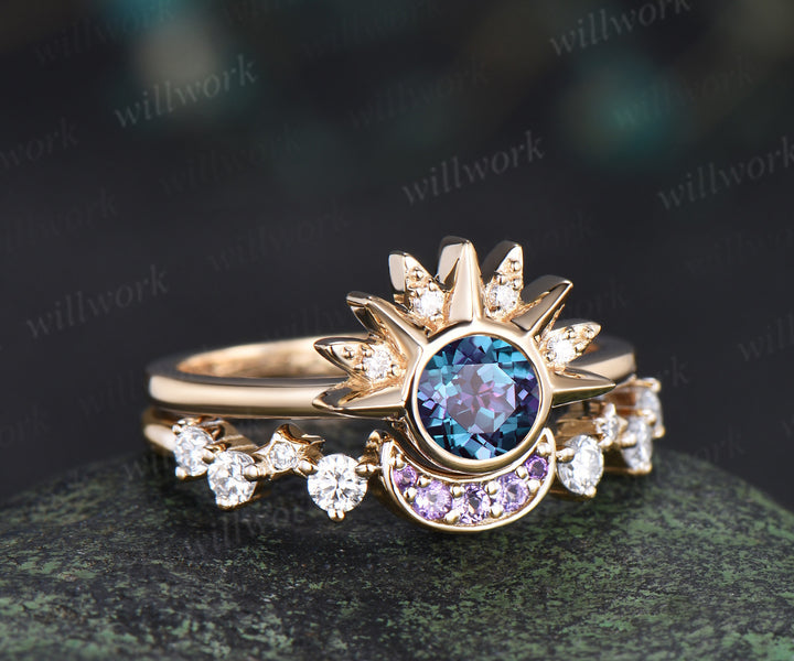 Round alexandrite sun moissanite engagement ring set amethyst moon celestial star wedding ring set for women