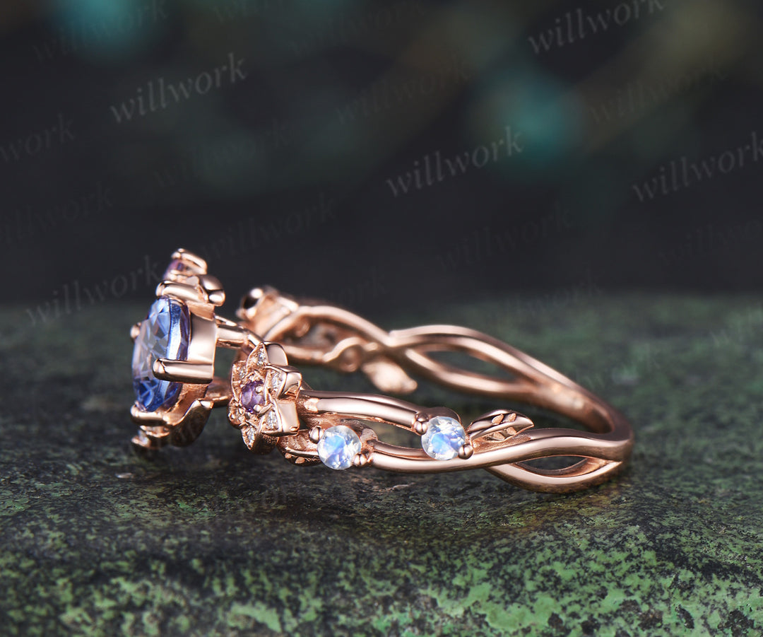 Round Firework cornflower blue sapphire ring 14k rose gold moon leaf star infinity amethyst moonstone wedding ring women