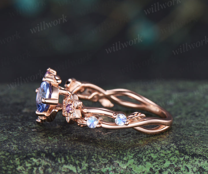 Round Firework cornflower blue sapphire ring 14k rose gold moon leaf star infinity amethyst moonstone wedding ring women