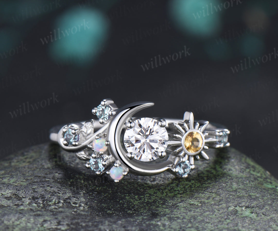 Round Lab Grown Diamond Moon Sun Engagement Ring Set Citrine Sun Ring Emerald Wedding Band Celestial Bridal Set