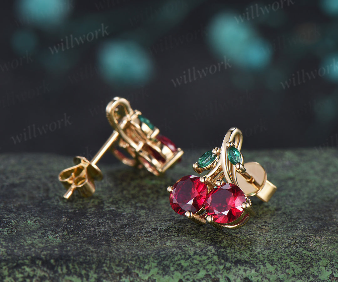 Round cut ruby earrings marquise emerald accent lovely cherry stud earrings gifts for her
