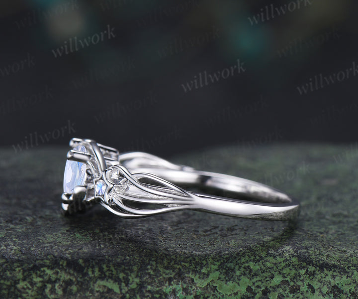 Round cut moonstone engagement ring moon star ring unique celestial bridal wedding ring