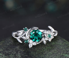 Round cut emerald ring vintage star moon cluster engagement ring twig leaf gemstone bridal ring jewelry gift