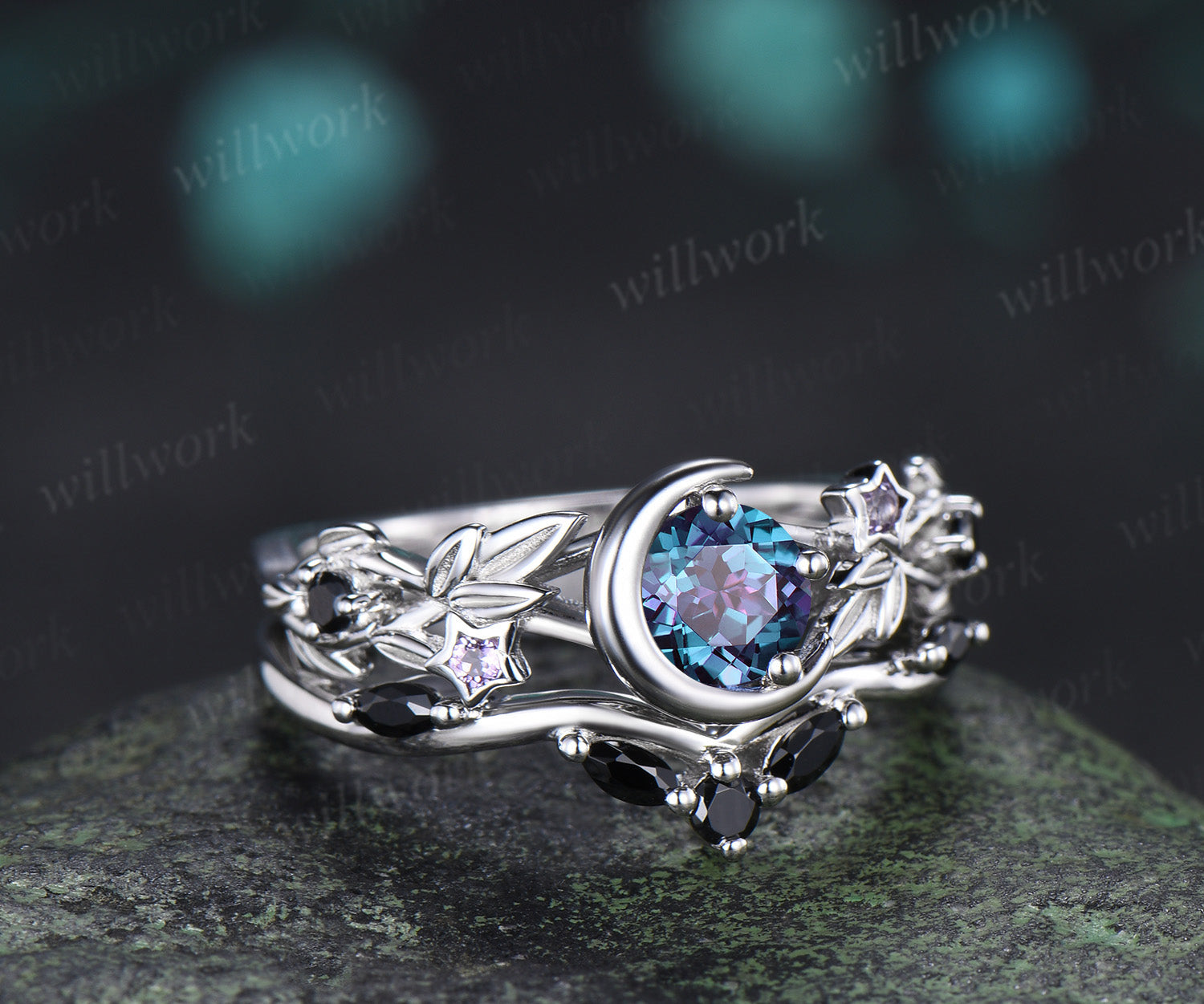 Round Alexandrite Moon Leaf Black Spinel Ring Set & Solitaire