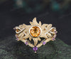 Rapunzel ring sun citrine engagement ring set bezel setting twig vines amethyst ring leaf wedding band unique bridal set