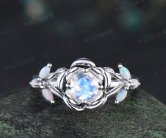 Round cut moonstone engagement ring flower floral marquise opals leaf split shank wedding ring for women