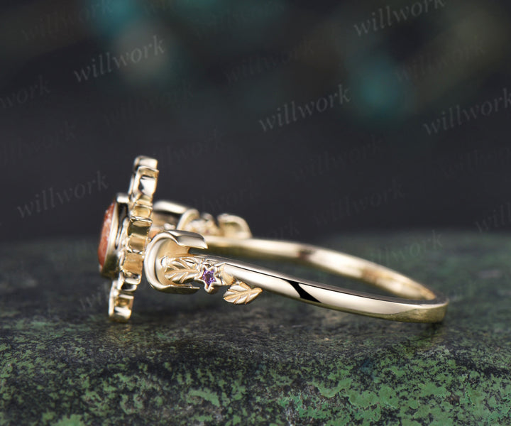 Vintage round cut sunstone engagement ring sun bezel promise ring 14k yellow gold moon star amethyst unique leaf bridal ring gifts for her