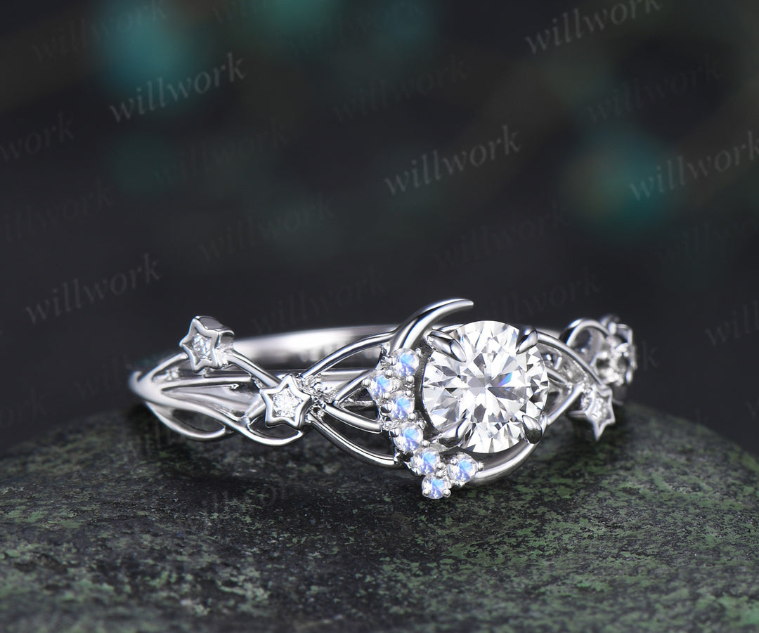 Round Cut IGI Lab Grown Diamond Ring with Moon Star Moonstone Accents Celestial Bridal Ring