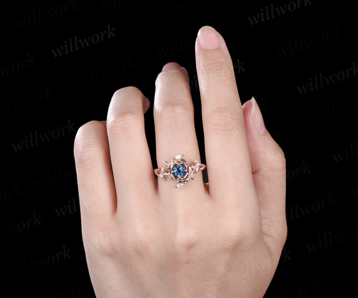 Round cut alexandrite engagement ring rose gold floral leaf vine marquise diamond ring vintage promise bridal ring