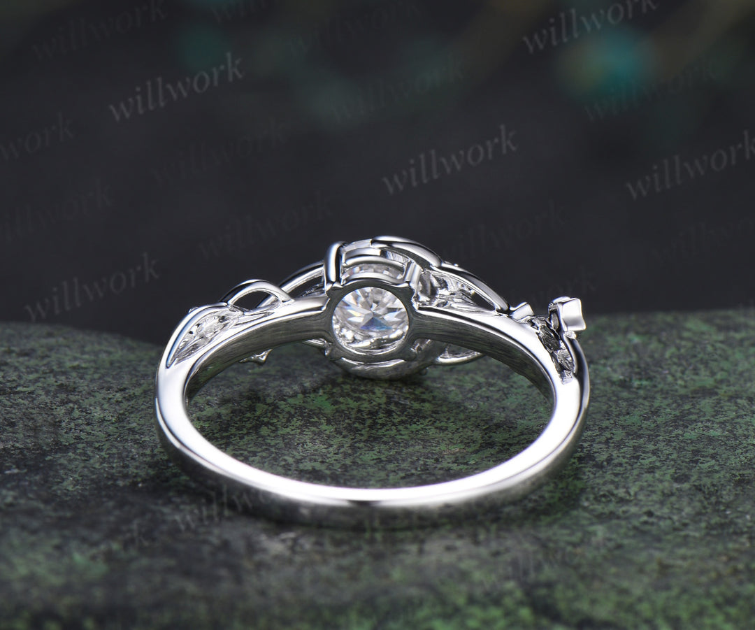 Round Cut IGI Lab Grown Diamond Ring with Moon Star Moonstone Accents Celestial Bridal Ring