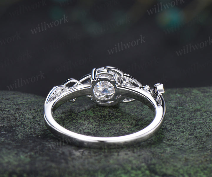 Round Cut IGI Lab Grown Diamond Ring with Moon Star Moonstone Accents Celestial Bridal Ring