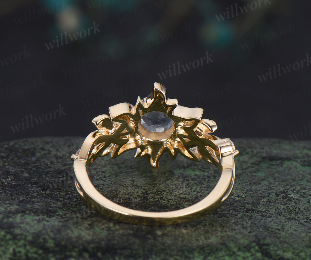 Labradorite sun ring natural round blue labradorite corona moissanite ring leaf infinity ring unique celestial jewelry gift