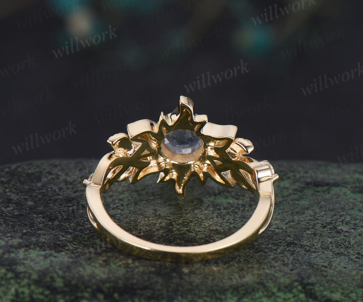 Labradorite sun ring natural round blue labradorite corona moissanite ring leaf infinity ring unique celestial jewelry gift