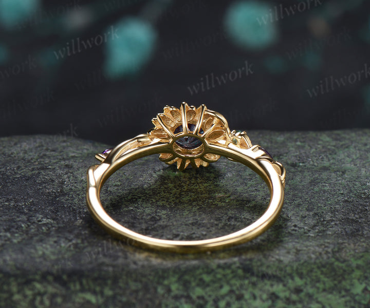 Round Fireworks Cut Alexandrite Sunflower Engagement Ring Leaf Twig Amethyst Emerald Accent Promise Ring