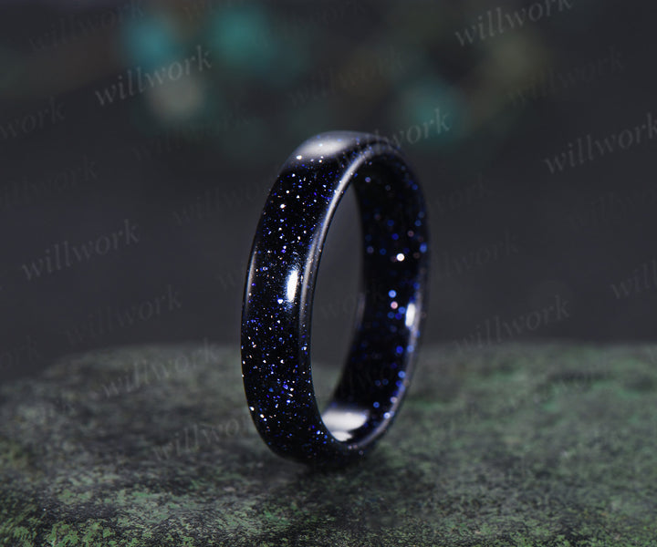 5mm blue sandstone solitaire ring Galaxy stone full eternity band rough stone men wedding ring