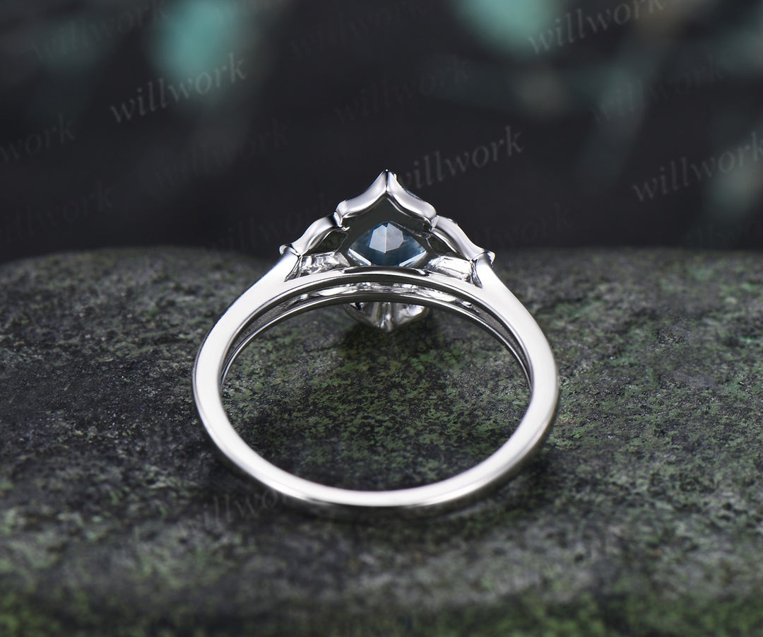 Cushion Cut Aquamarine Floral Halo Engagement Ring Half Eternity Diamond Ring Vintage Bridal Ring Gifts