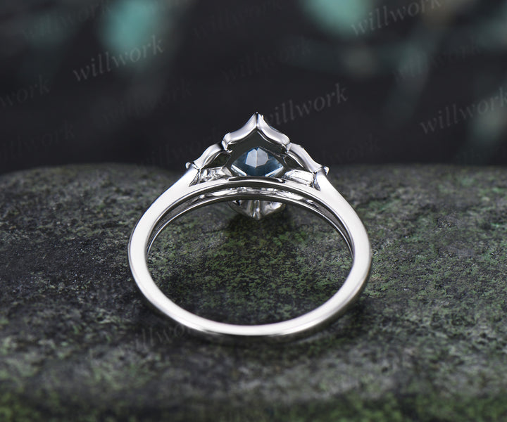 Cushion Cut Aquamarine Floral Halo Engagement Ring Half Eternity Diamond Ring Vintage Bridal Ring Gifts