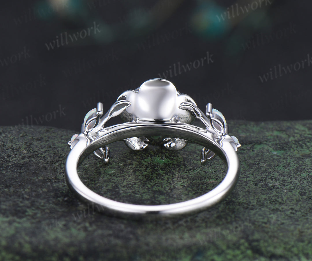 Round cut moonstone engagement ring flower floral marquise opals leaf split shank wedding ring for women