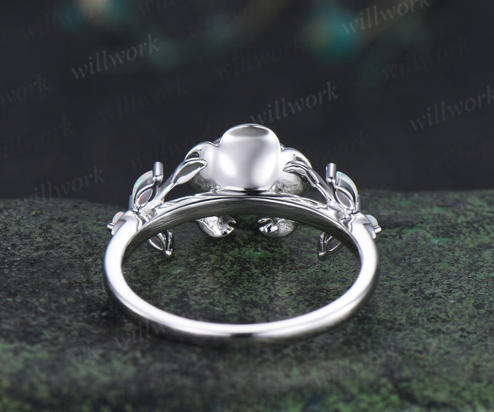 Round cut moonstone engagement ring flower floral marquise opals leaf split shank wedding ring for women