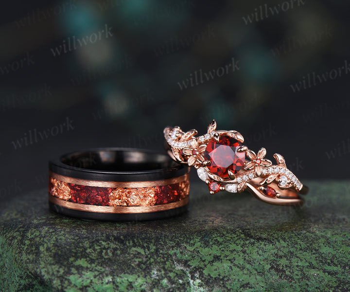 Dainty 5mm Round Garnet Leaf Floral Ring Set & Tungsten Garnets Gold Flakes Men Band Unique Couple Ring Set