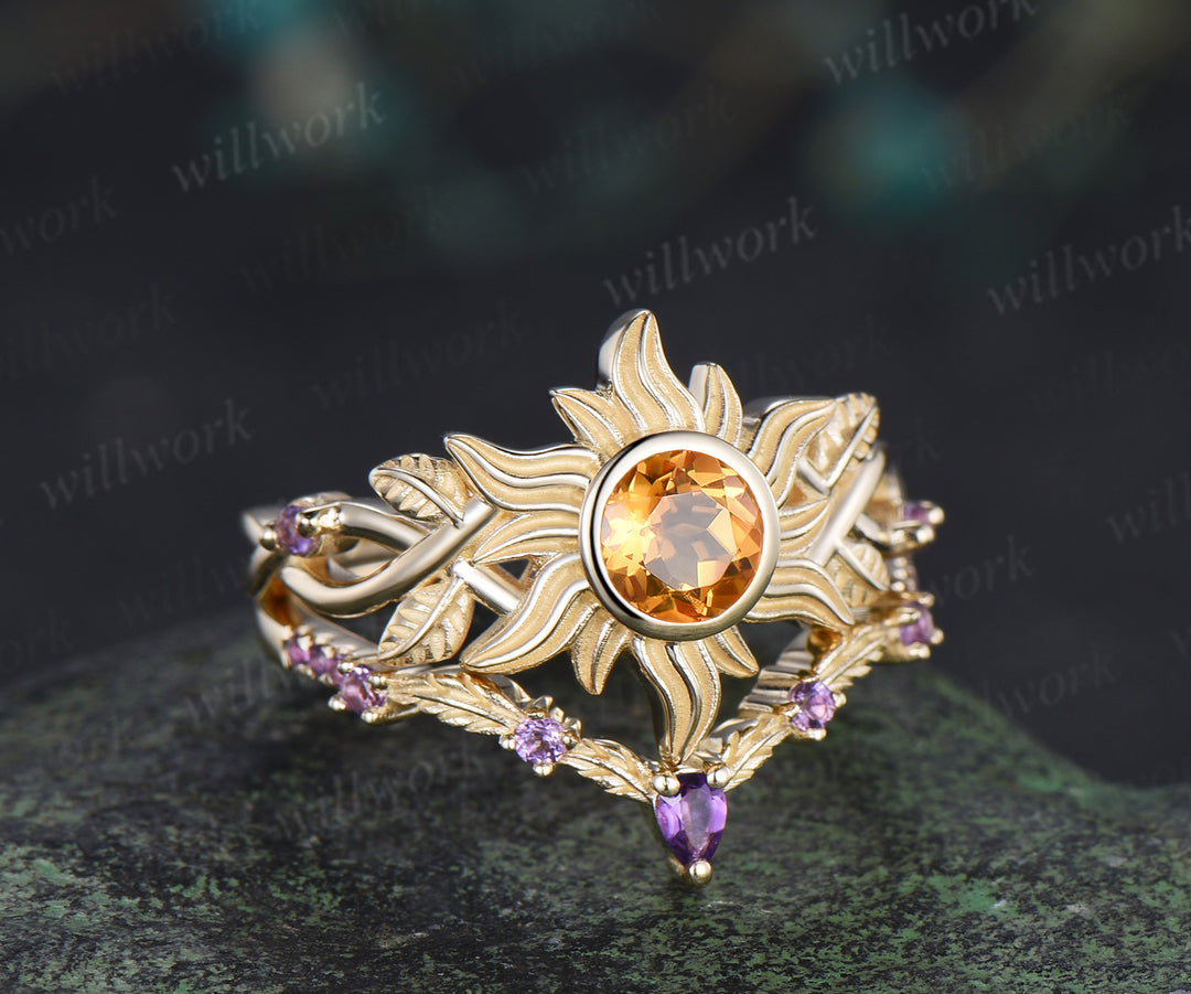 Rapunzel ring sun citrine engagement ring set bezel setting twig vines amethyst ring leaf wedding band unique bridal set