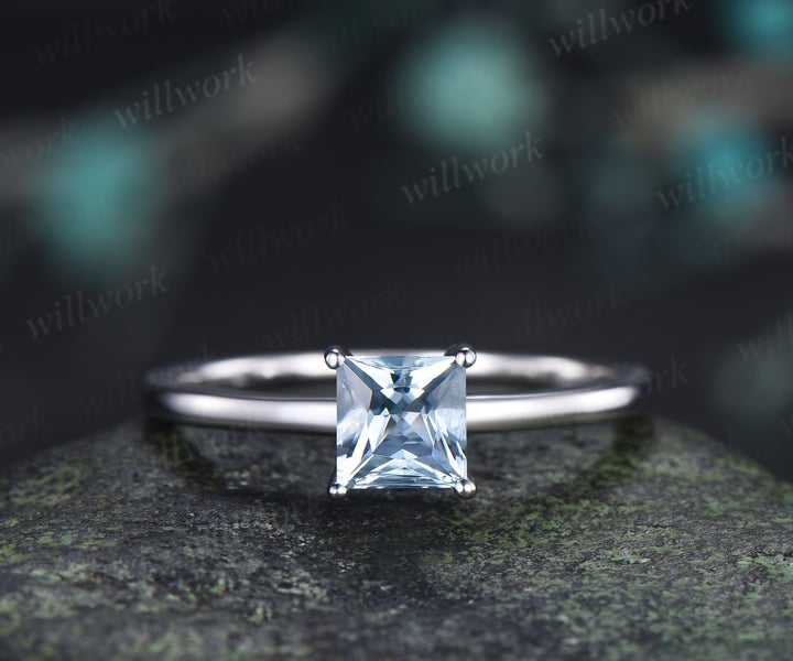Princess Cut Aquamarine Engagement Ring Dainty Solitaire Ring March Birthstone Jewelry Gift