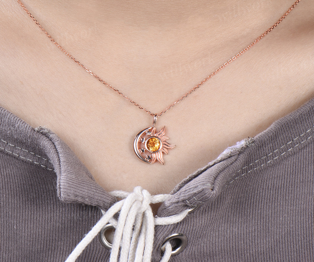 Round citrine sun moon star pendant necklace celestial sun charm with moon stars jewelry gifts
