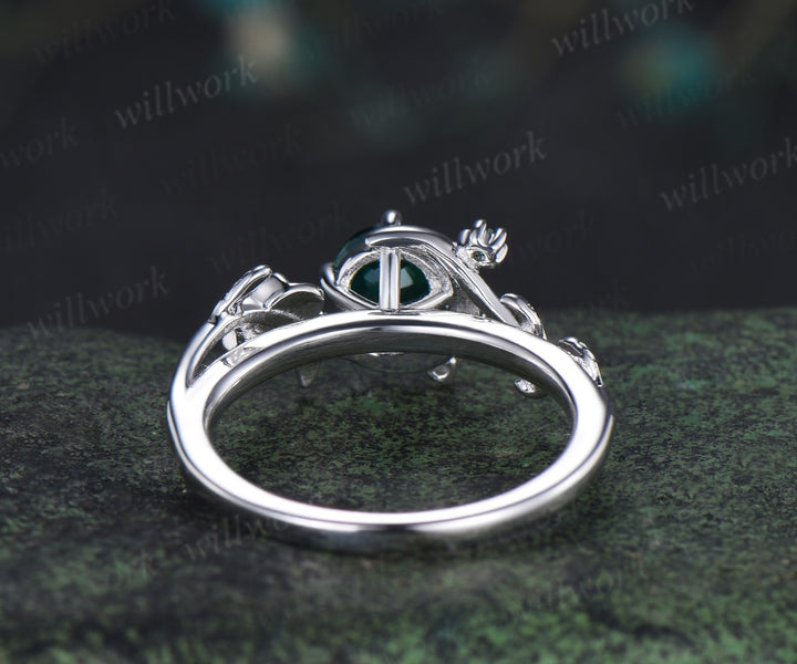 Round cut emerald ring vintage star moon cluster engagement ring twig leaf gemstone bridal ring jewelry gift