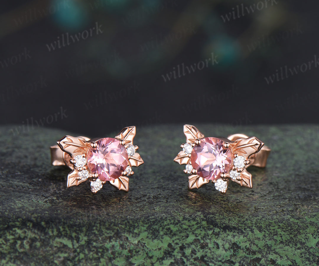 Round padparadscha stud earrings holly leaves cluster moissanites accent earrings gifts for her