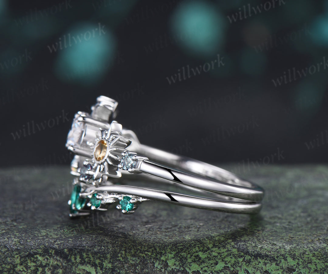 Round Lab Grown Diamond Moon Sun Engagement Ring Set Citrine Sun Ring Emerald Wedding Band Celestial Bridal Set