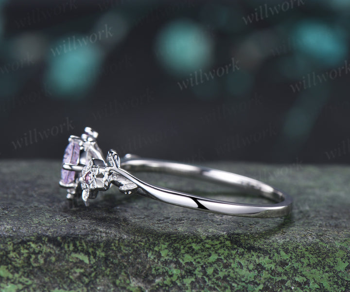 Round Fireworks Cut Lavender Amethyst Engagement Ring Moon Leaf Vine Floral Promise Ring Unique Diamond Cluster Ring Gift