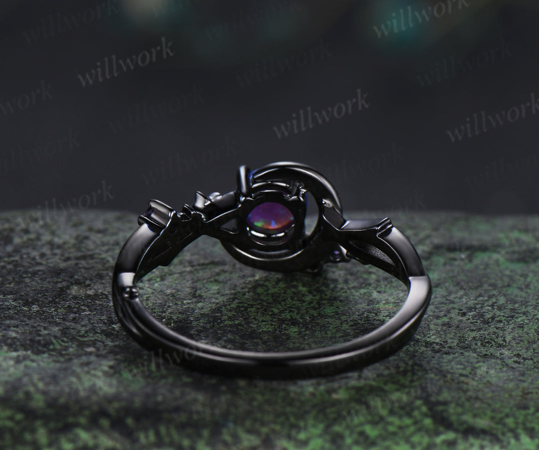 Round purple opal engagement ring moon star twig amethyst ring unique black gold nature inspired promise ring jewelry gifts