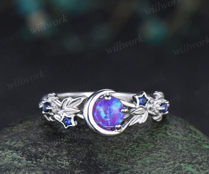 Unique round purple opal ring set blue sapphire moon star ring curved amethyst wedding band bridal set jewelry gifts for her