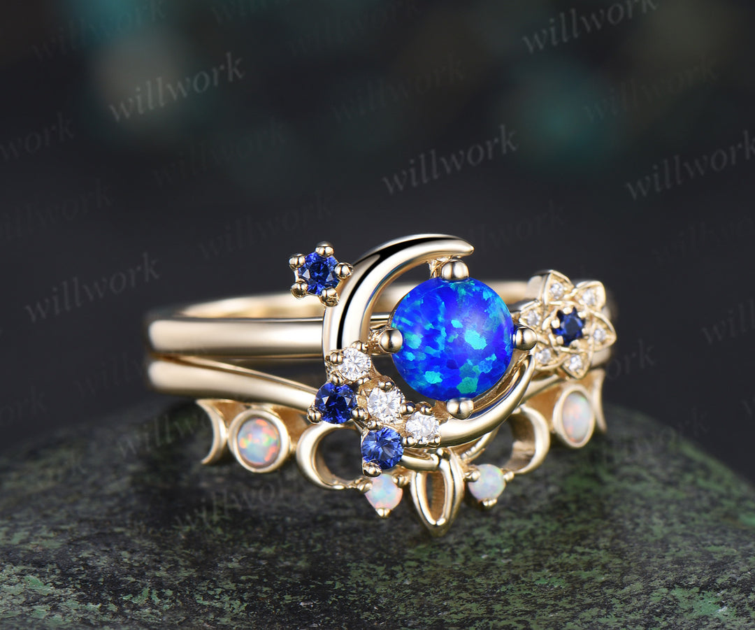 Round blue opal ring gold cluster moon Celtic knot engagement ring set sapphire opal wedding bridal set women