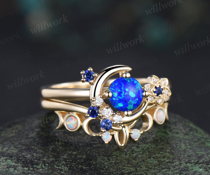 Round blue opal ring gold cluster moon Celtic knot engagement ring set sapphire opal wedding bridal set women