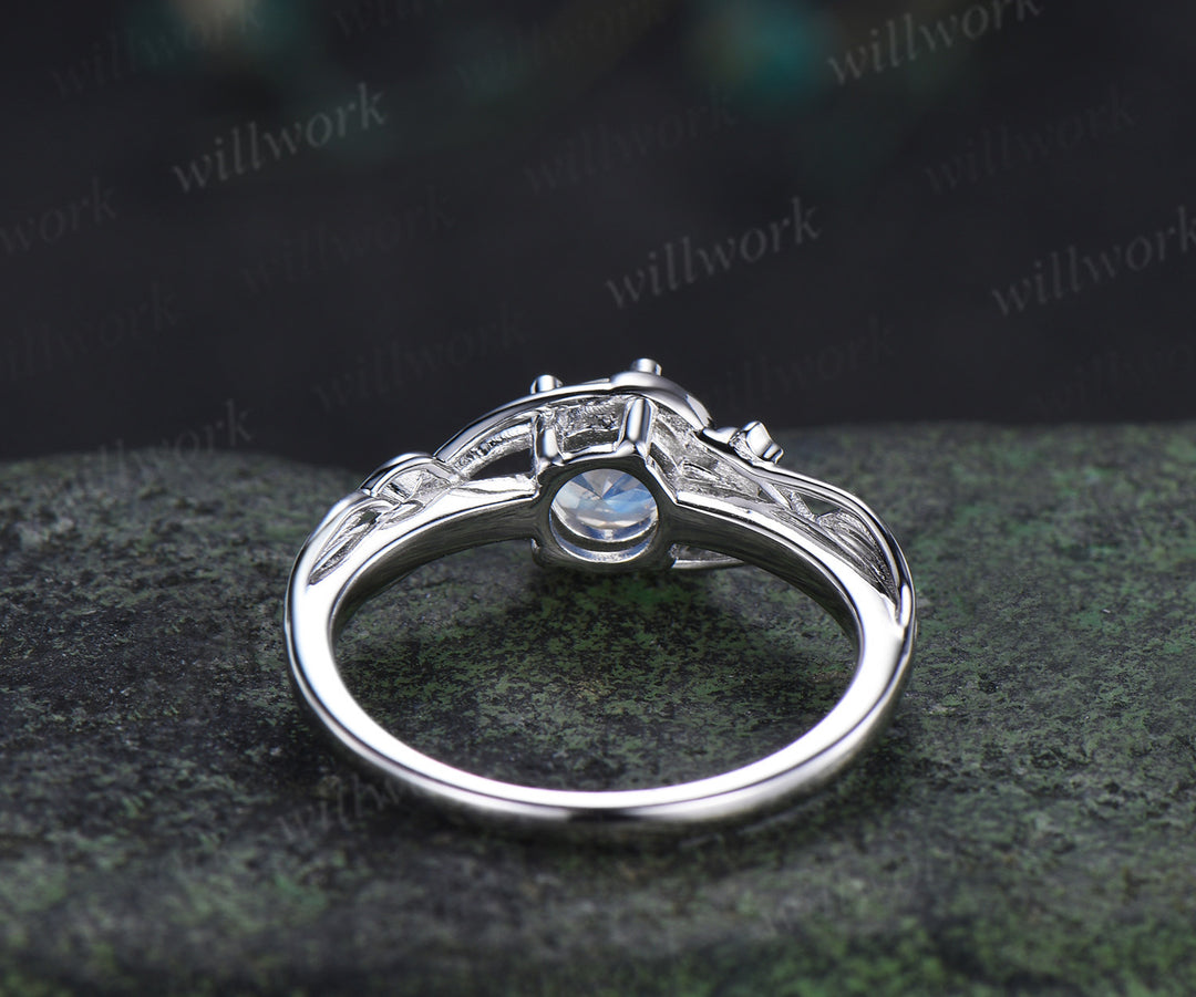 Round cut moonstone engagement ring moon star ring unique celestial bridal wedding ring