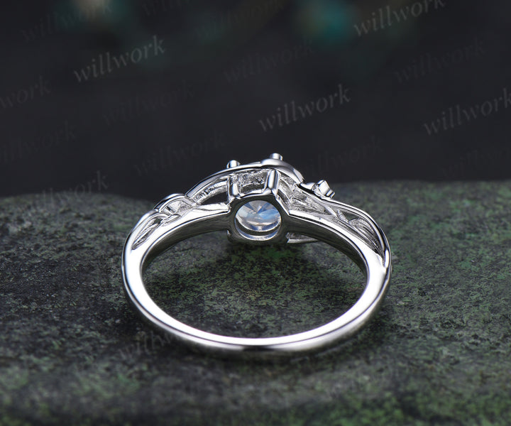 Round cut moonstone engagement ring moon star ring unique celestial bridal wedding ring
