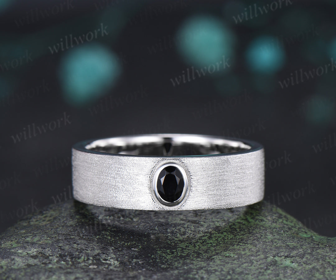 Round Alexandrite Moon Leaf Black Spinel Ring Set & Solitaire Black Onyx Brushed Finish Men Wedding Ring Couple Ring Set