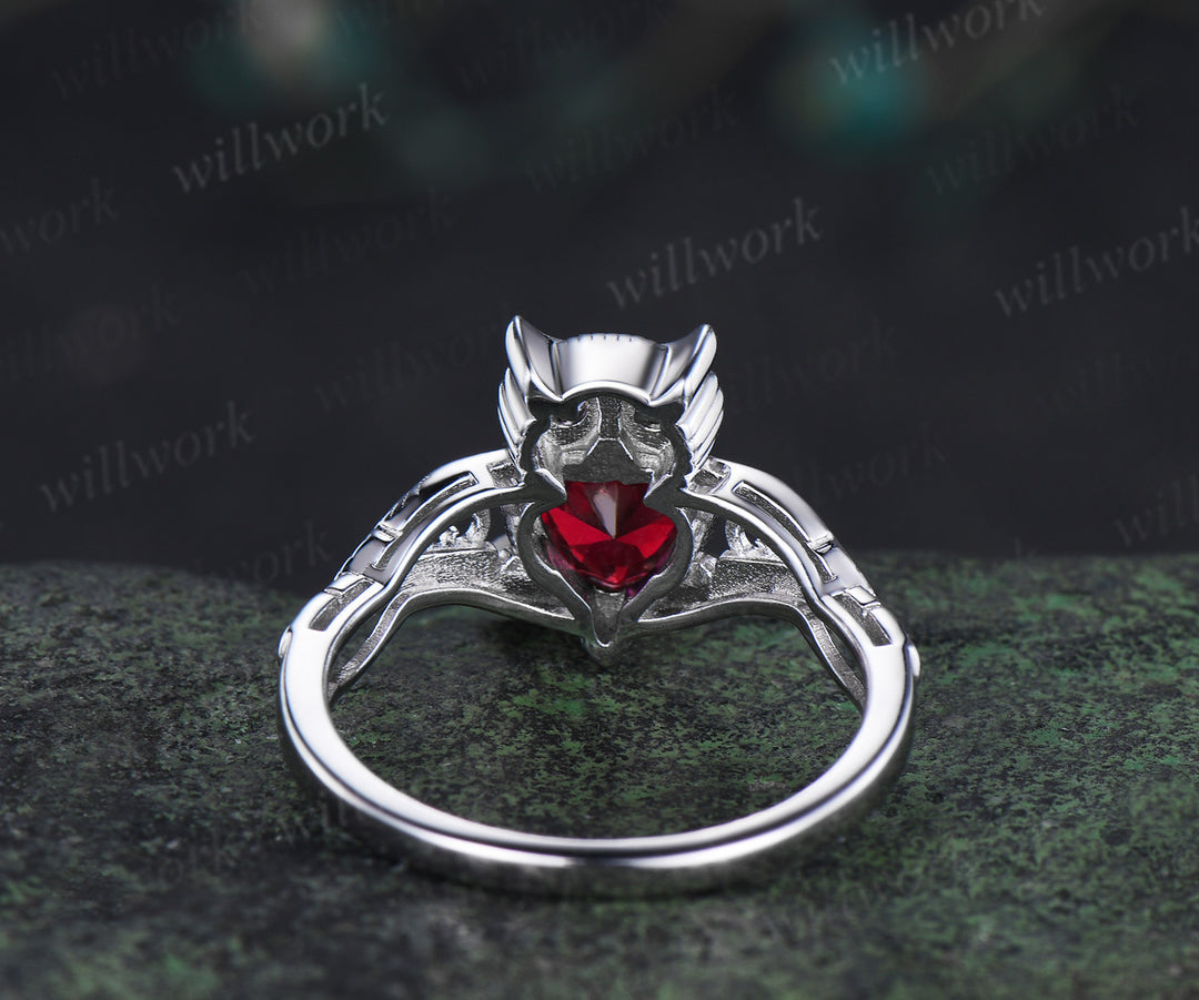 Unique owl engagement ring round ruby wedding ring amethyst accents twig vine cute owl ring for women