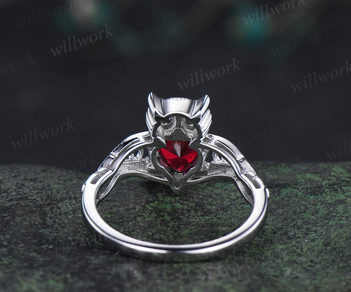 Unique owl engagement ring round ruby wedding ring amethyst accents twig vine cute owl ring for women