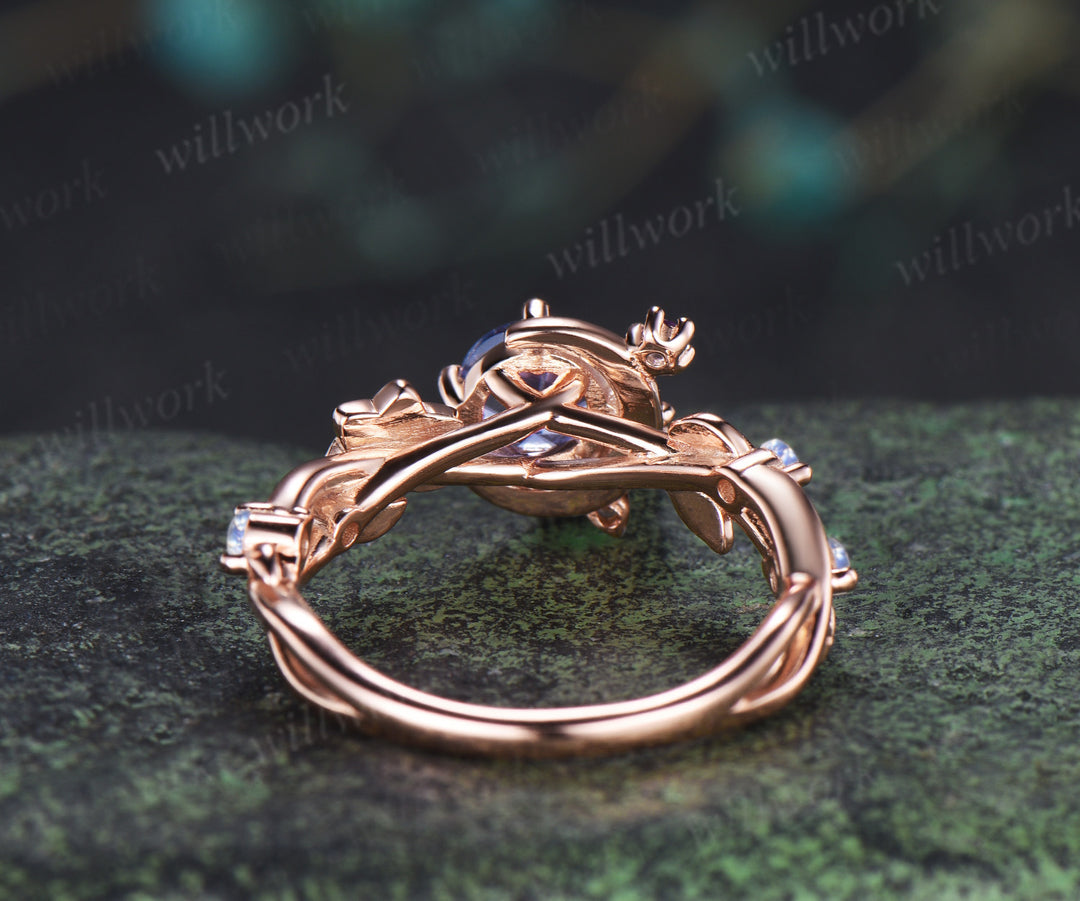 Round Firework cornflower blue sapphire ring 14k rose gold moon leaf star infinity amethyst moonstone wedding ring women