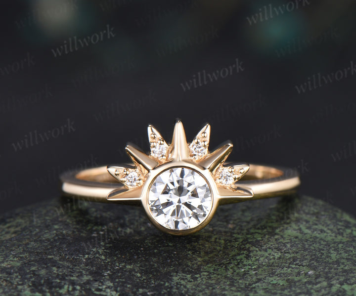 Round Lab Grown Diamond Sun Amethyst Moon Ring Set Celestial Cluster Diamond Star Wedding Band Bridal Set